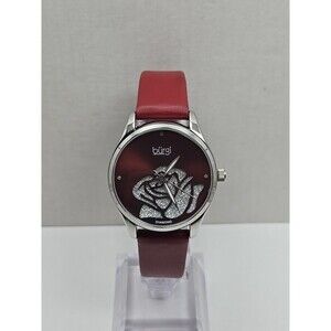Burgi BUR189RD Womens Diamond Flower Dial Red Leather Quartz Watch New Battery